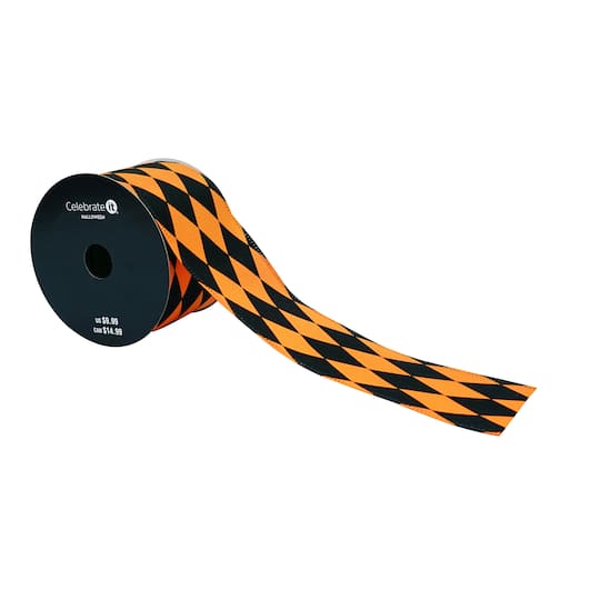 2.5" x 6.6yd. Black & Orange Diamond Wired Pongee Ribbon by Celebrate It®